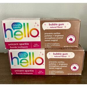 2 PACK + Gift Hello Kids Fluoride Toothpaste, Vegan, Unicorn Sparkle Bubble Gum